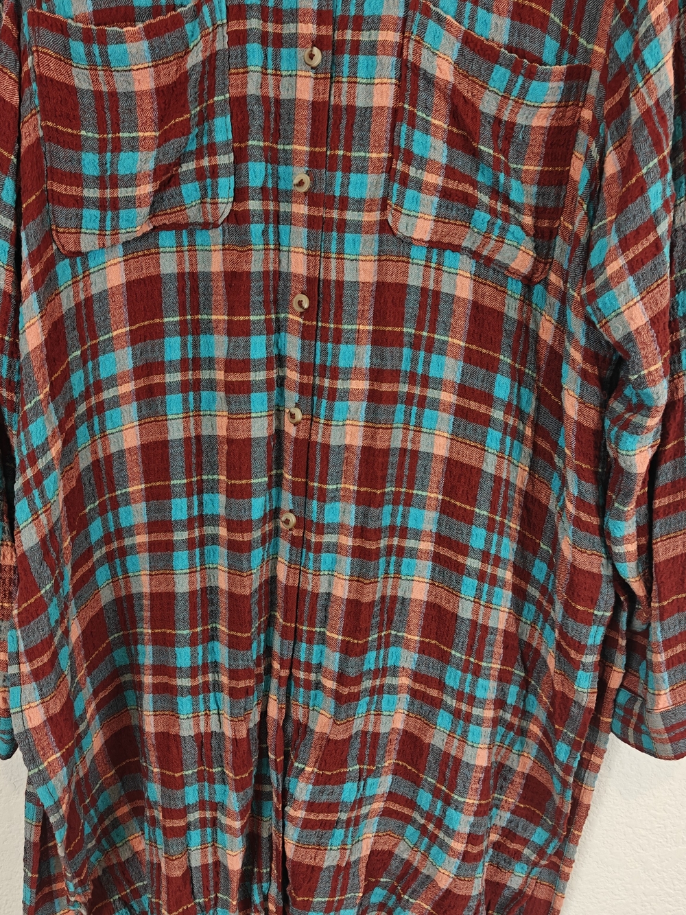 Pilcro Long Plaid Button-Down Shirt Dress in Burgundy and Teal - Picture 8 of 16